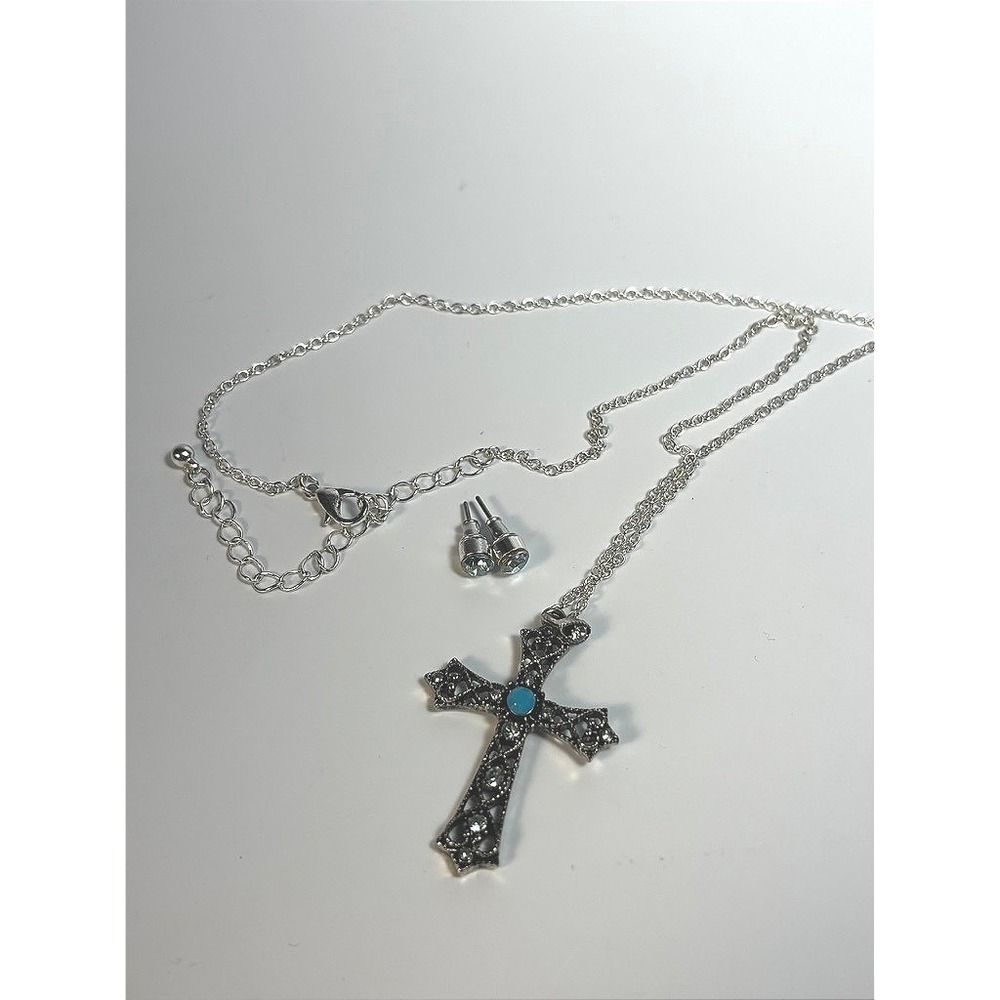 Cross Necklace and Earring Set Silver Turquoise Boho Goth Whimsygoth Jewelry